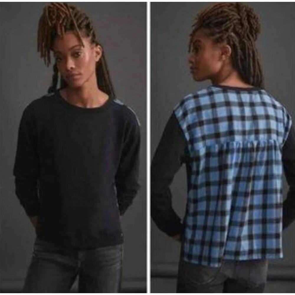 Anthropologie Pilcro Womens Black Blue Contrast Flannel Pullover Sweatshirt XS